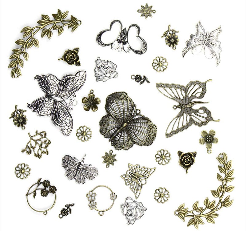 Kinteshun Butterfly Flower Leaf Charm Pendant for DIY Jewelry Making Accessaries(29pcs,Silver&Bronze Tones) - Image 2